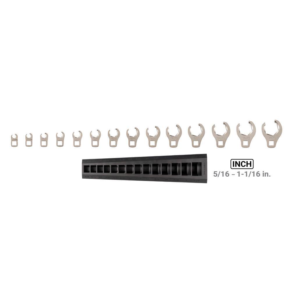 TEKTON 5/16 - 1-1/16 in. 3/8 in. Drive 6-Point Flare Nut Crowfoot Wrench Set (14-Piece) with Rack