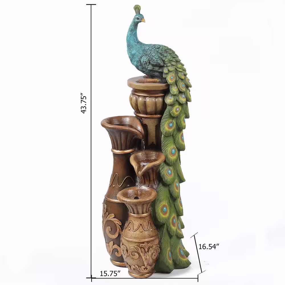 LuxenHome Resin Pedestal Peacock and Urns Outdoor Cascade Fountain With LED Lights