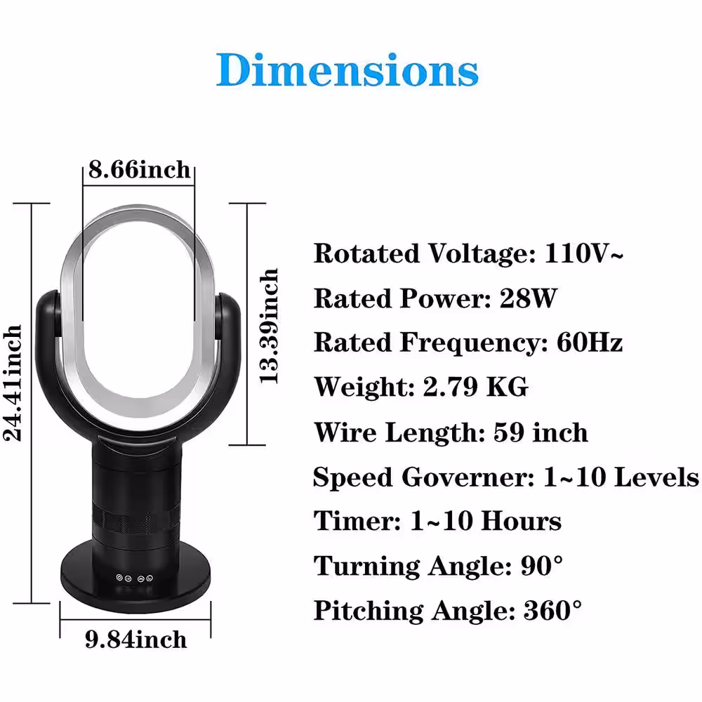 None 24 in. Portable Bladeless Tower Fan with 10 Speeds and Timing Closure in Black