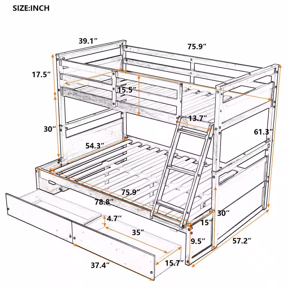 Harper & Bright Designs Espresso Twin over Full Wood Bunk Bed with 2-Drawers