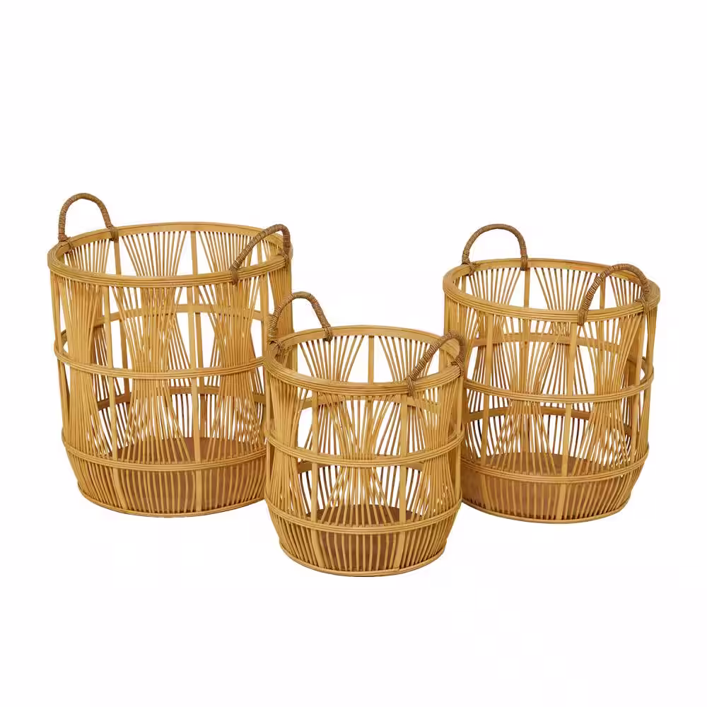 Litton Lane Wood Handmade Storage Basket with Handles (Set of 3)