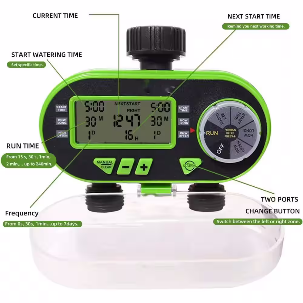 None 2 Outlet Garden Digital Electronic Water Timer Irrigation Controller for Garden Yard, Green