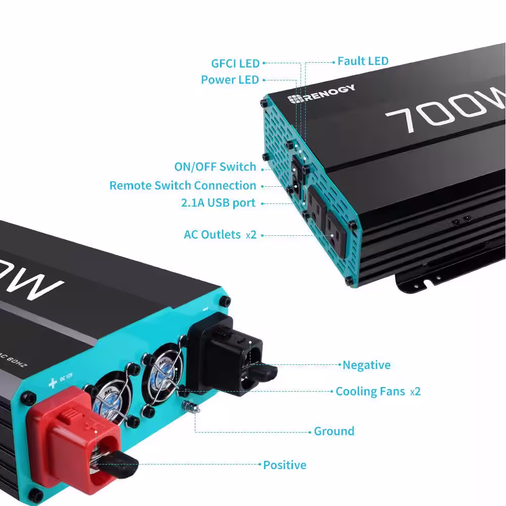 Renogy 700-Watt Pure Sine Wave Inverter 12V DC to 120V AC Converter for Off-Grid Solar Power w/ Built-in 5V/2.1A USB Port