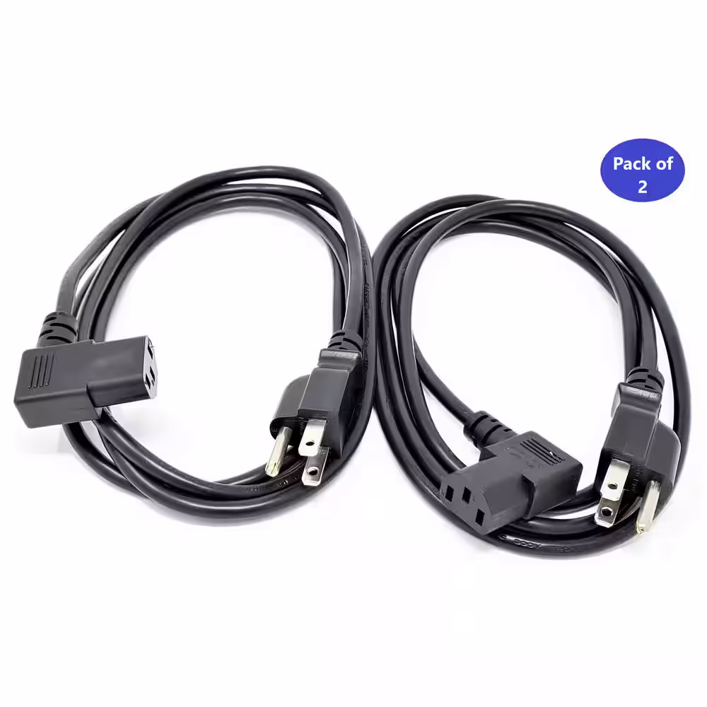 Micro Connectors, Inc 6 ft. UL Approved Right Angle AC Power Cord 18AWG/3 Conductors- Black (2 per Box)