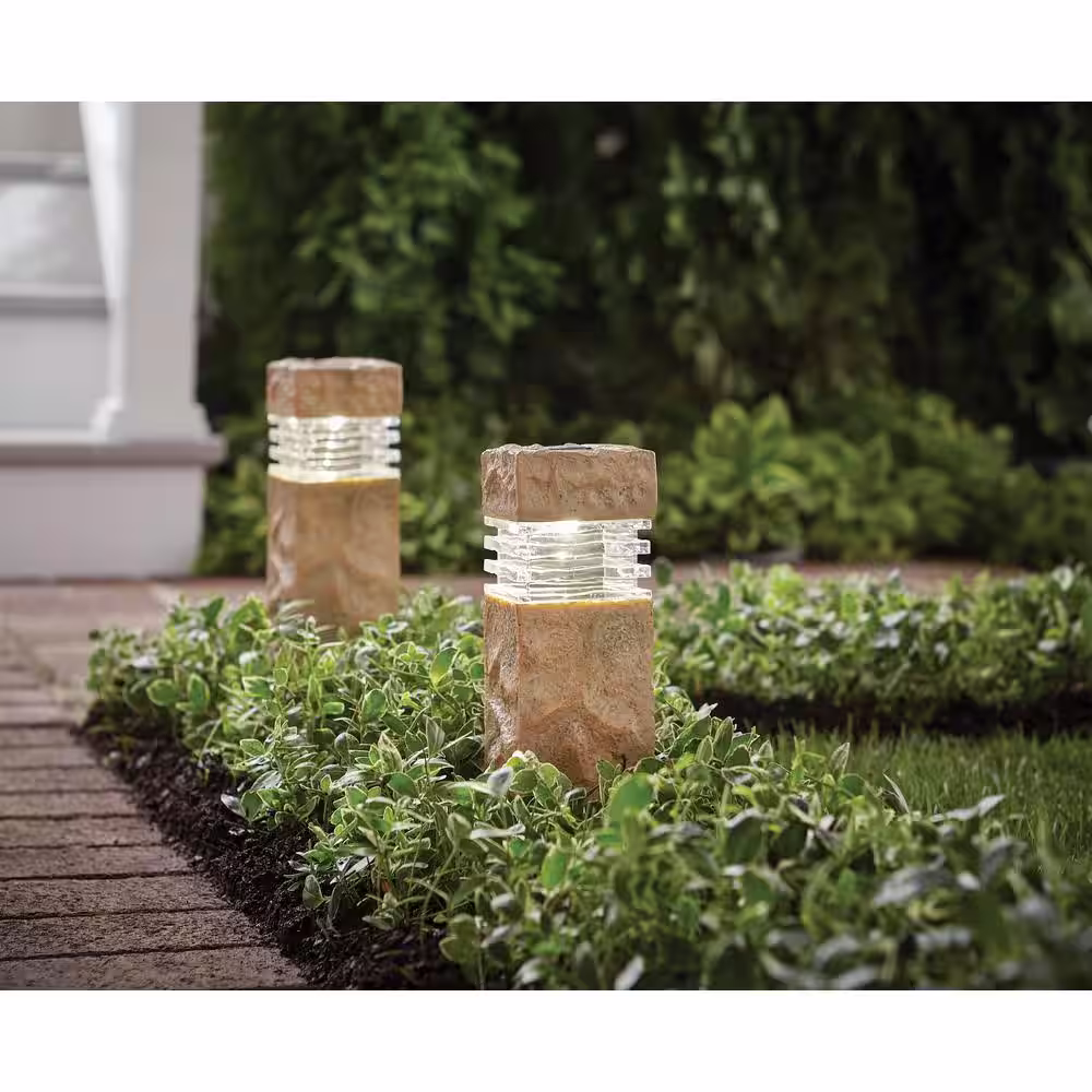 Hampton Bay Sand Stone Integrated LED Outdoor Solar Landscape Rock Pillar Path Light (2-Pack)