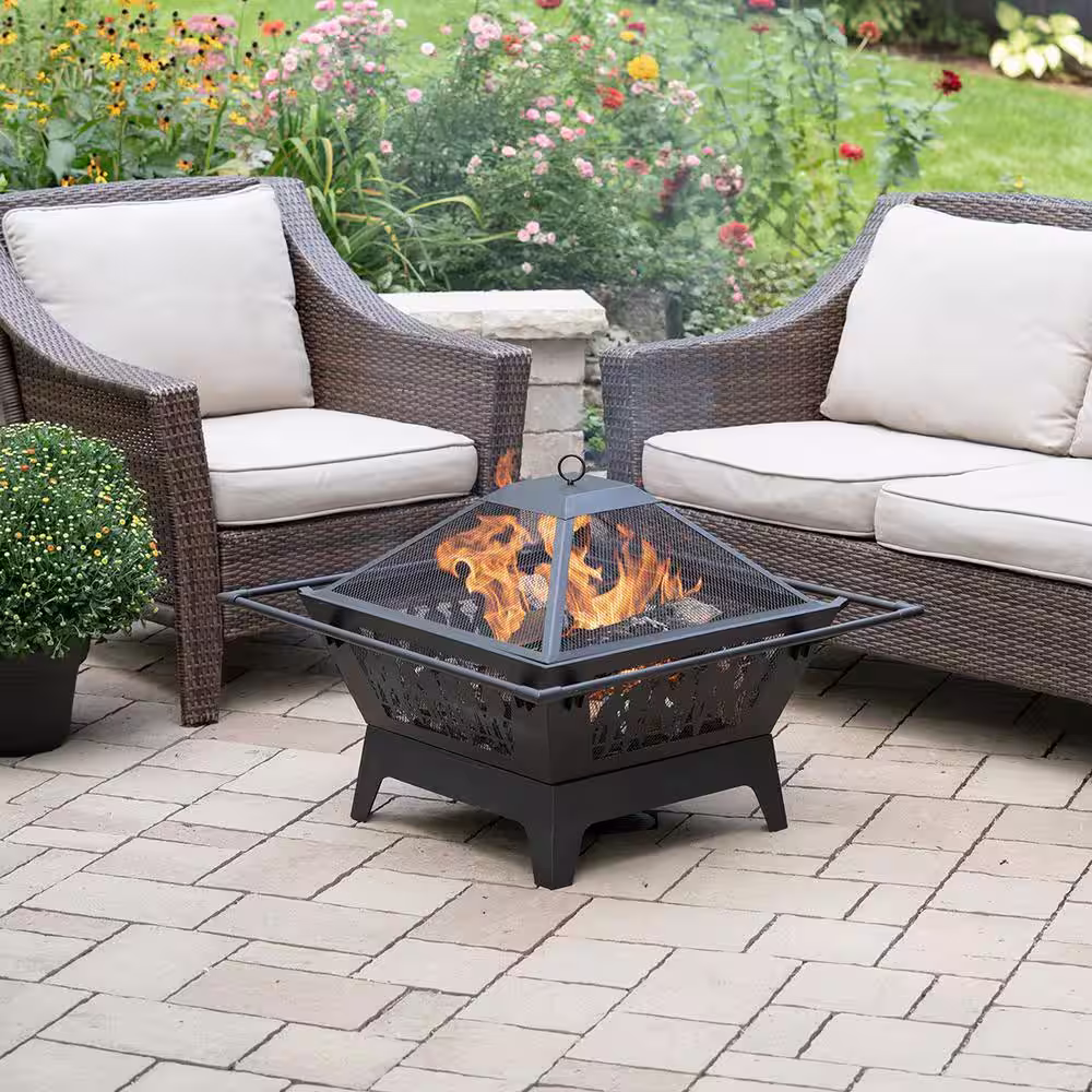 BLUE SKY OUTDOOR LIVING 31.5 in. Square Steel Wood Fire Pit with Screen And Screen Lift - Decorative Cowboy Design