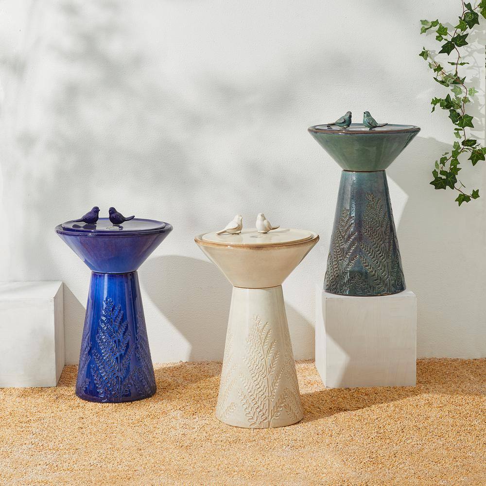 Glitzhome 27.5 in. H Turquoise 2 Birds Embossed Plant Pattern Pedestal Ceramic Fountain with Pump and LED Light (KD)
