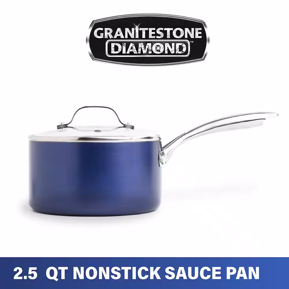 GRANITESTONE Classic Blue 2.5 qt. Aluminum Ultra-Durable Non-Stick Diamond Infused Saucepan with Glass Lid