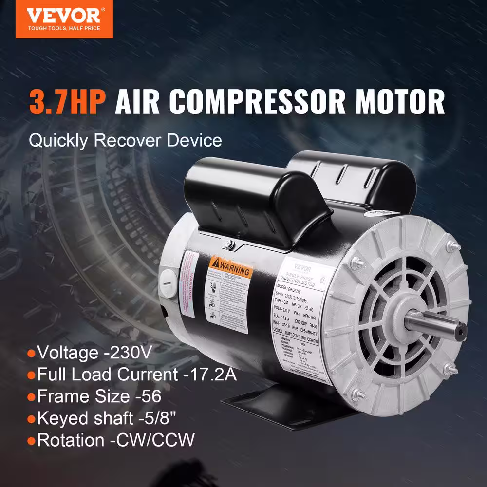 VEVOR 3.7HP Air Compressor Motor 3450 RPM Single Phase Electric Motor 5/8 in. Keyed shaft 230V 17.2A 56 Frame CW/CCW Rotation