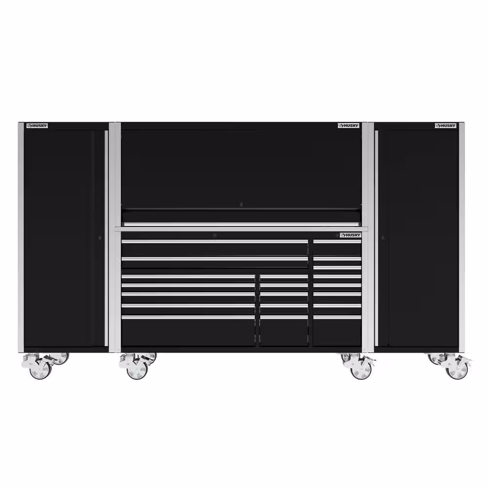 Husky 72 in. W x 245 in. D Professional Duty 20-Drawer Mobile Workbench with 2 Side Lockers and Top Hutch in Gloss Black