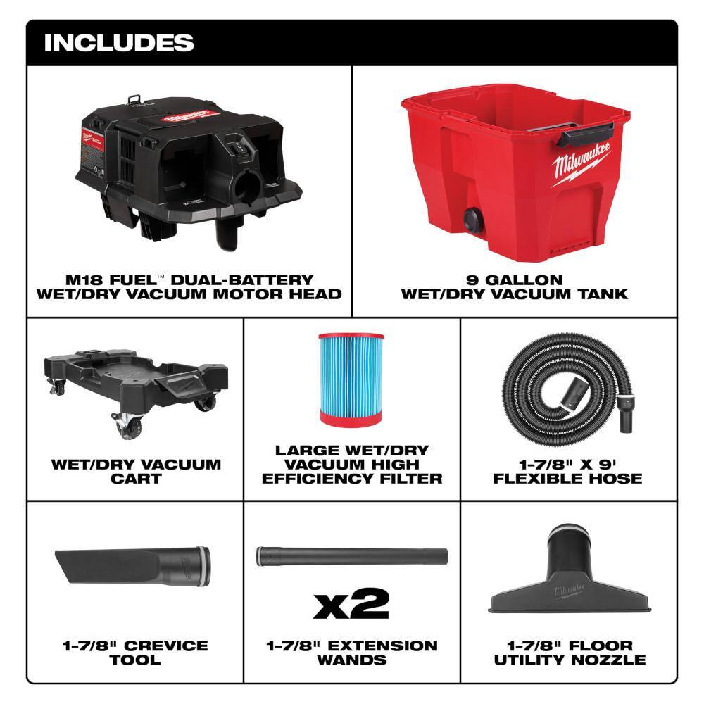 Milwaukee M18 FUEL 9 Gal. Cordless DUAL-BATTERY Wet/Dry Shop Vacuum & SAWZALL Reciprocating Saw w/6.0Ah Batteries (2-Pack)
