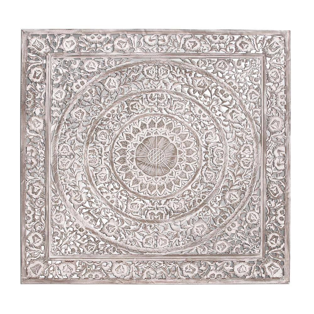 Litton Lane Wood White Handmade Intricately Carved Mandala Floral Wall Decor