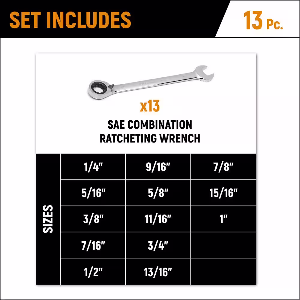 GEARWRENCH SAE 72-Tooth Combination Ratcheting Wrench Tool Set (13-Piece)