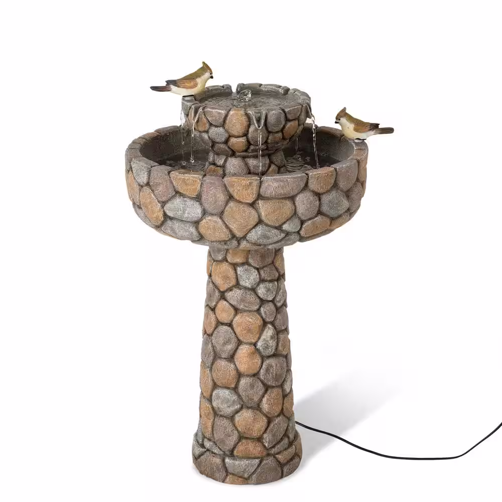 Glitzhome 24.5 in. H Outdoor 2-Tierd Stone-Like Birdbath Floor Fountain