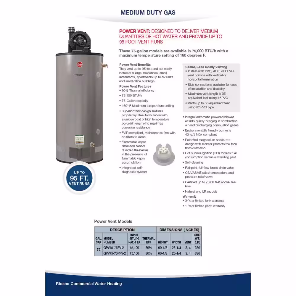 Rheem Medium Duty 70,000 BTU 75 Gal. Commercial Liquid Propane Power Vent Tank Water Heater