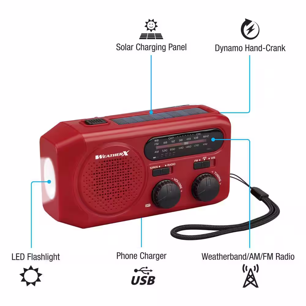 WeatherX AM/FM Weatherband Radio with LED Flashlight, Hand Crank and Solar Charging, Red