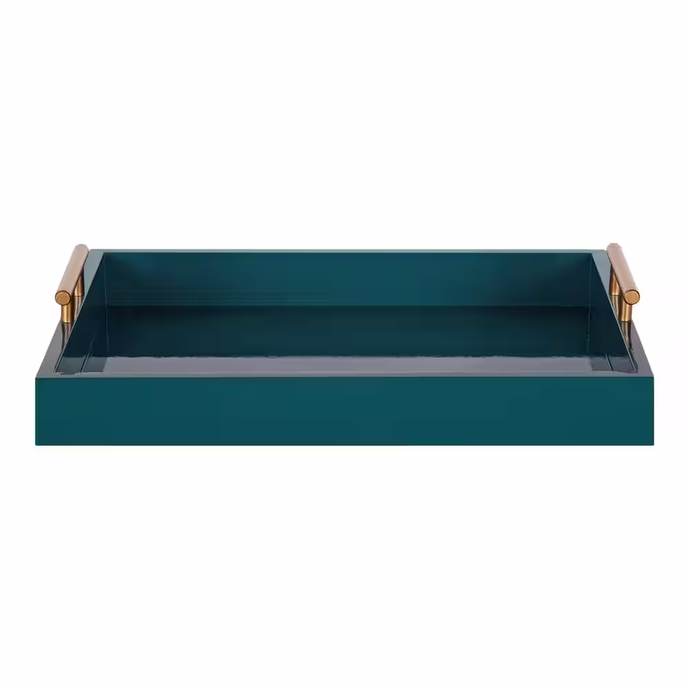 None 12.25 x 16.50 in Teal Rectangle Decorative Tray with Polished Metal Handles