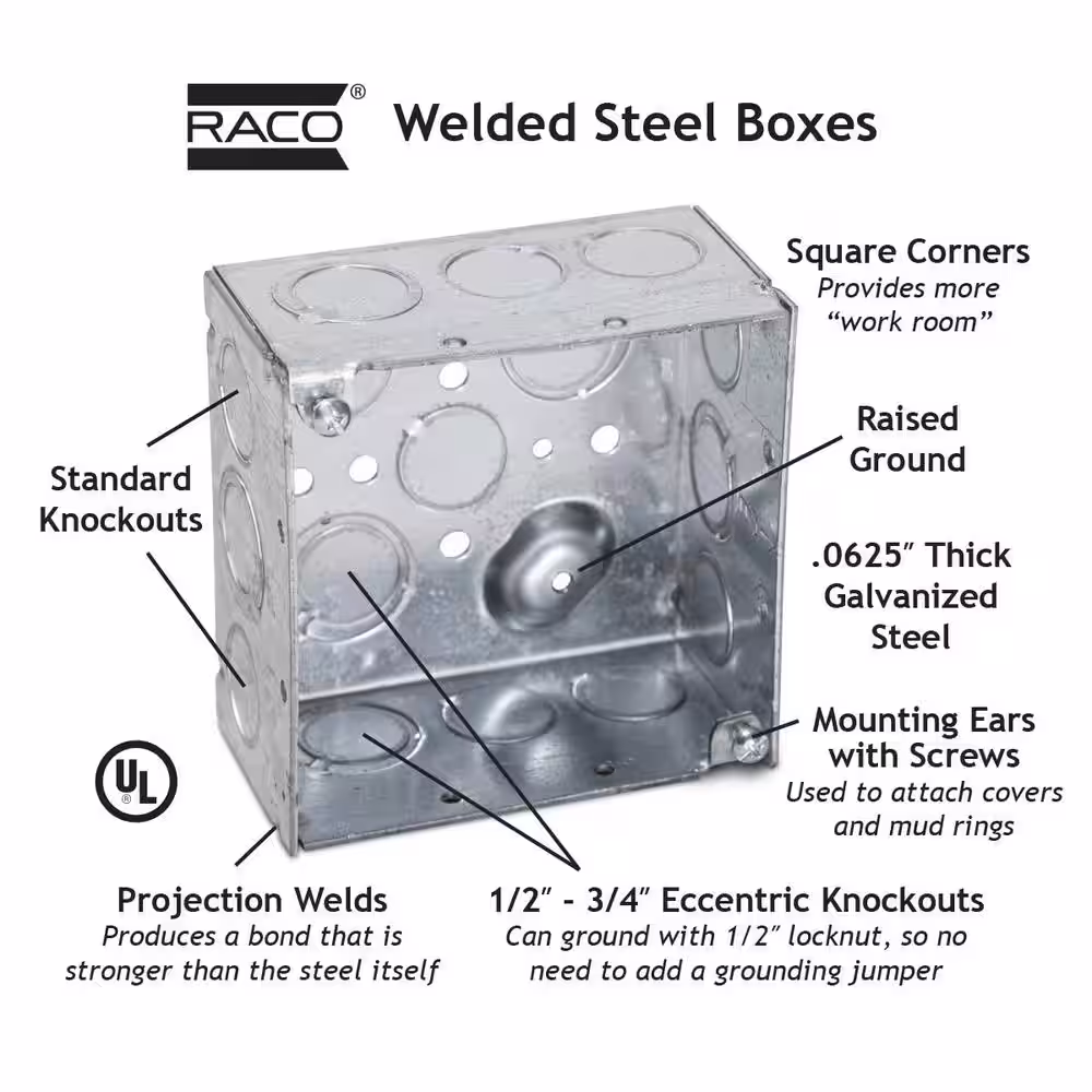 RACO 4 in. W x 1-1/2 in. D Steel Gray 2-Gang Welded Square Box with Ten 1/2 in. KO's and Six TKO's, Raised Ground, 1-Pack