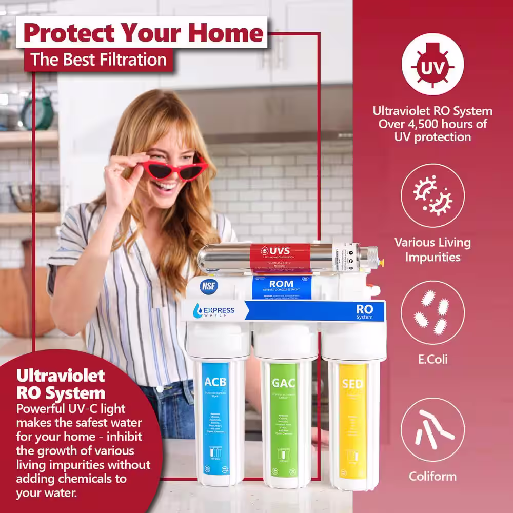 Express Water Ultraviolet Under Sink Reverse Osmosis Water Filtration - 6 Stage UV Sterilizer - Faucet and Tank - 100 GPD