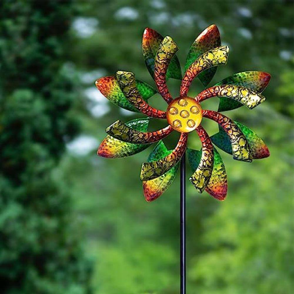 None 64 in. Tall Kinetic Spinner-Outdoor Yard Art Decor-Green and Orange Alpine Dual Floral Windmill Stake