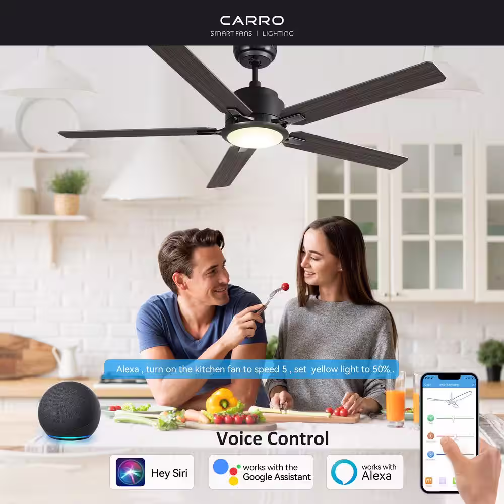 CARRO Essex 60 in. Dimmable LED Indoor/Outdoor Black Smart Ceiling Fan with Light and Remote, Works with Alexa/Google Home