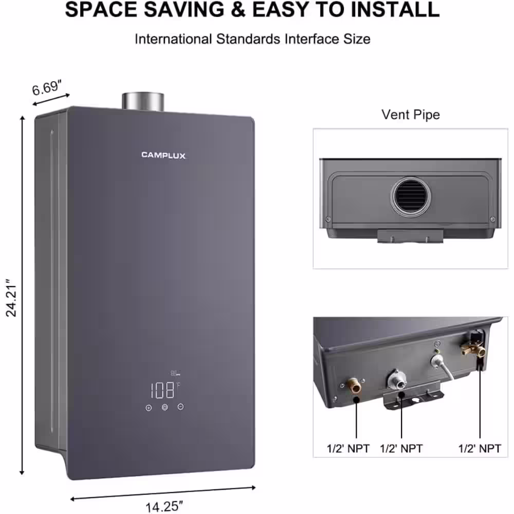 CAMPLUX ENJOY OUTDOOR LIFE Tankless Water Heater, Camplux 4.22 GPM On Demand Propane Water Heater, Instant Hot Water Heater, Indoor, Gray