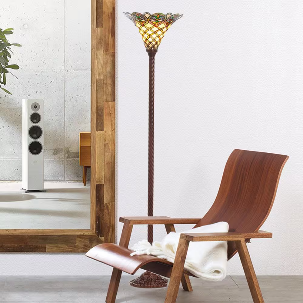 WAREHOUSE OF TIFFANY 72 in. Antique Bronze Arielle Stained Glass Floor Lamp with Foot Switch
