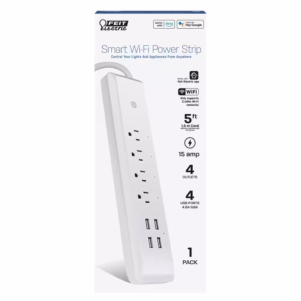Feit Electric 5 ft. Cord 15-Amp Alexa / Google Assistant Compatible Smart Wi-Fi 4-Outlet Power Strip with 4-USB Ports, White (3-Pack)