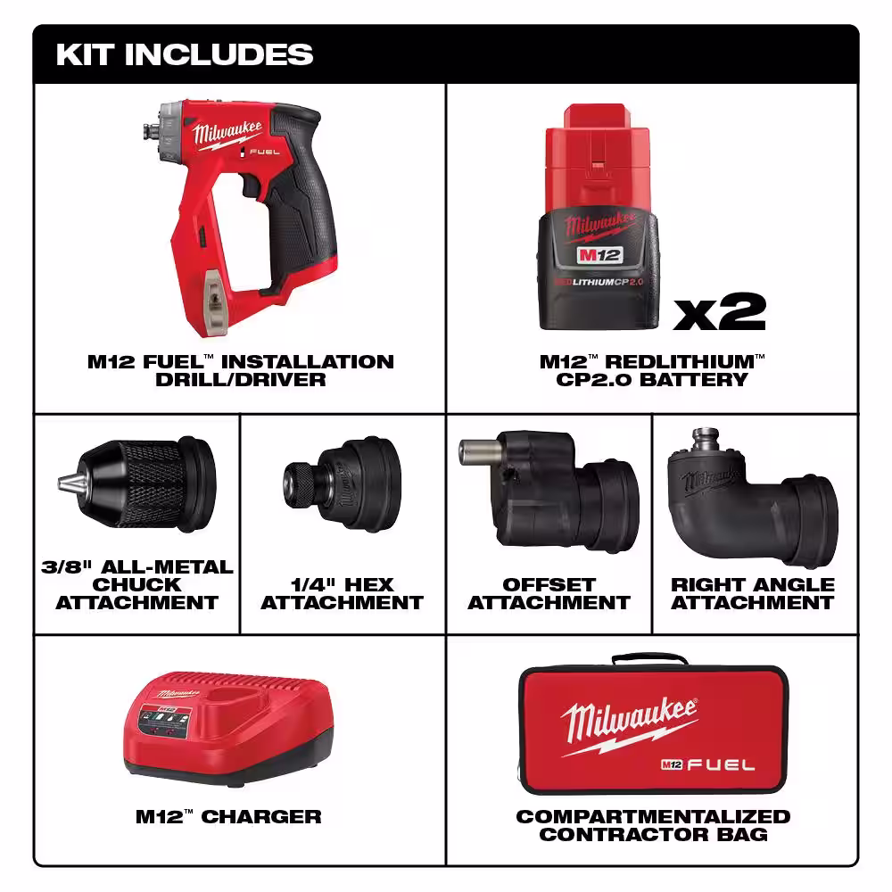 Milwaukee M12 FUEL 12-Volt Lithium-Ion Brushless Cordless 4-in-1 Installation 3/8 in. Drill Driver Kit w/M12 Rover Service Light