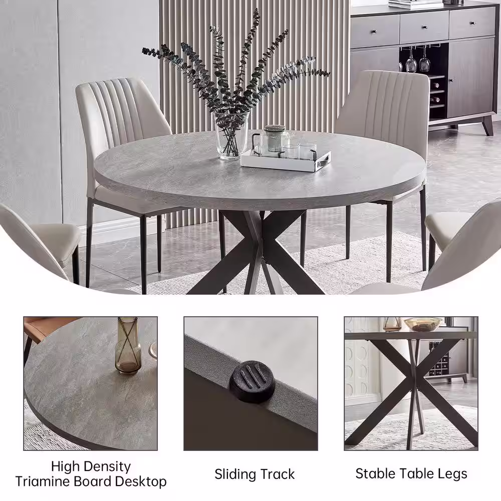 None 5-Piece Beige Chairs and Round Gray Dining Table, Dining Table Set with Matching 4 Solid Back Chairs for Dining Room