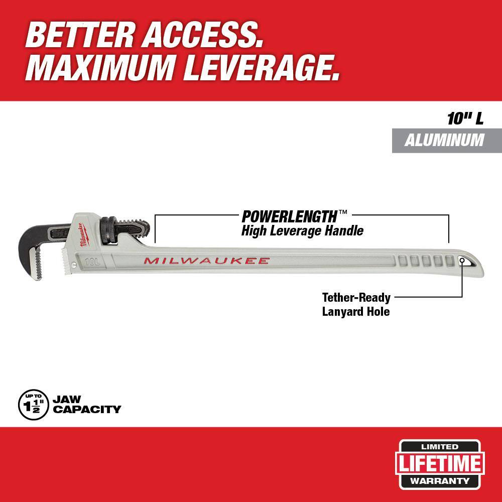 Milwaukee 10 in. Aluminum Pipe Wrench with Power Length Handle with 12 in. Pipe Wrench (2-Piece)