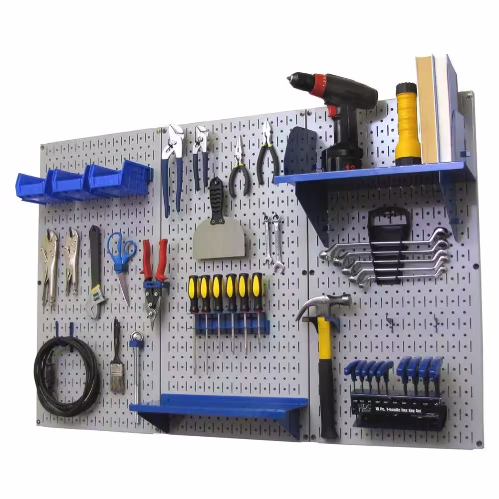 Wall Control 32 in. x 48 in. Metal Pegboard Standard Tool Storage Kit with Gray Pegboard and Blue Peg Accessories