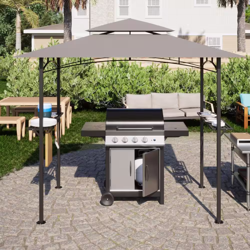 None 8 ft. x 5 ft. Gray Outdoor Patio Grill Gazebo with Air Vent Double Tiered