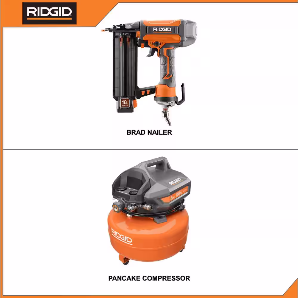 RIDGID 6 Gal. Electric Pancake Air Compressor and Pneumatic 18-Gauge 2-1/8 in. Brad Nailer