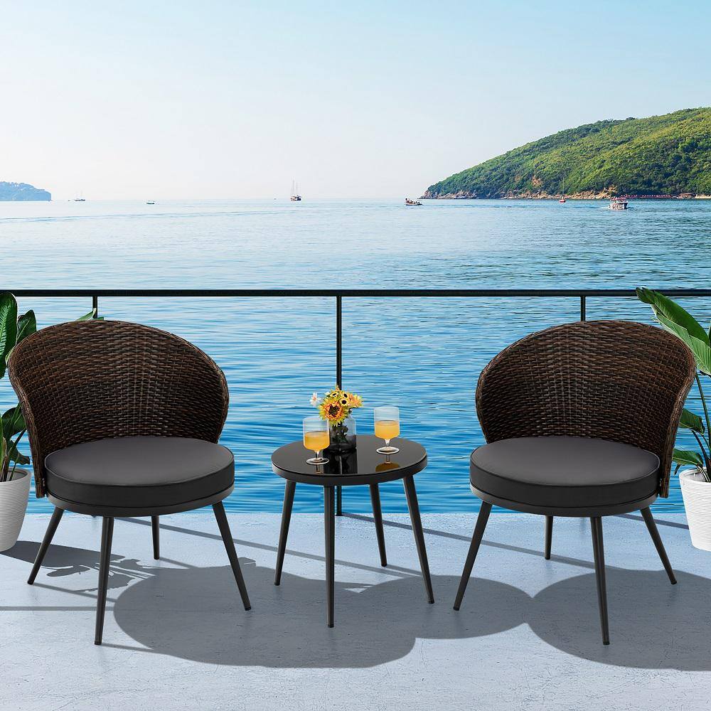 Costway 3-Piece Wicker Round 17 in. Table Outdoor Bistro Set with Grey Cushions