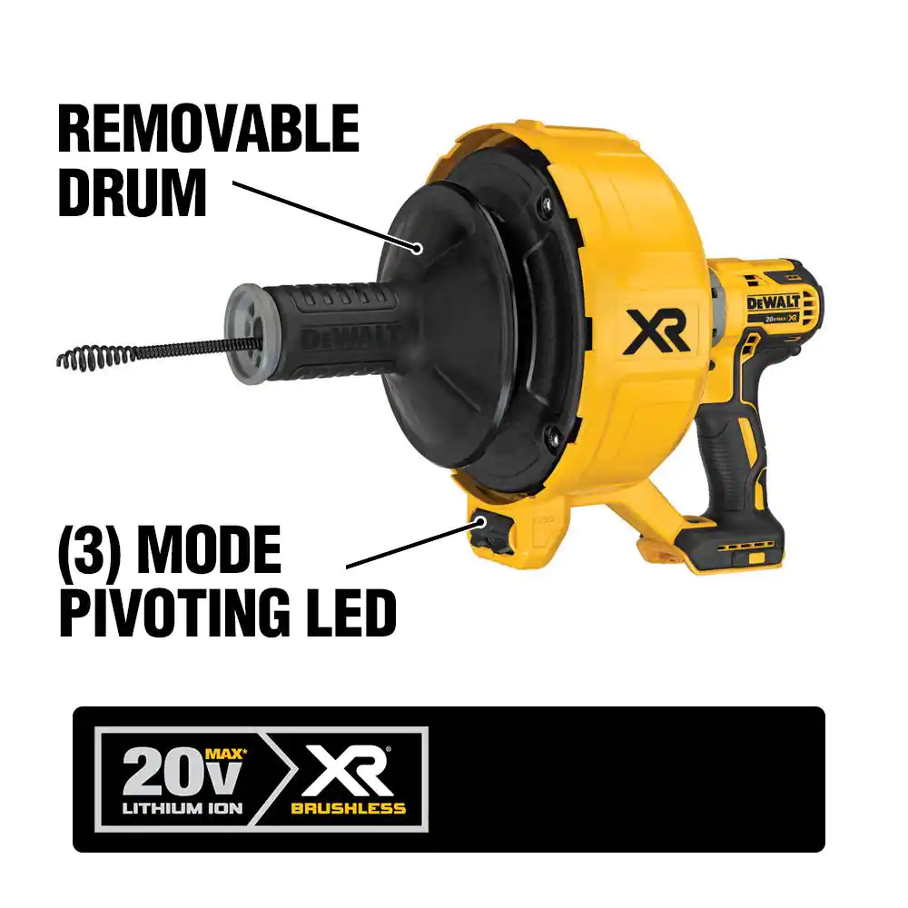 DEWALT 20V MAX Cordless Brushless Drain Snake and 5/16 in. x 25 ft. Black Oxide Drain Cable with Bulb Head