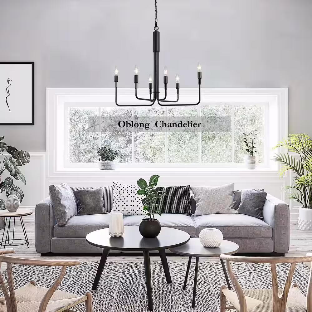 LALUZ Modern Black Candlestick Oblong Chandelier Farmhouse Irregular Pendant Light 6-Light Transitional Hanging Ceiling Light