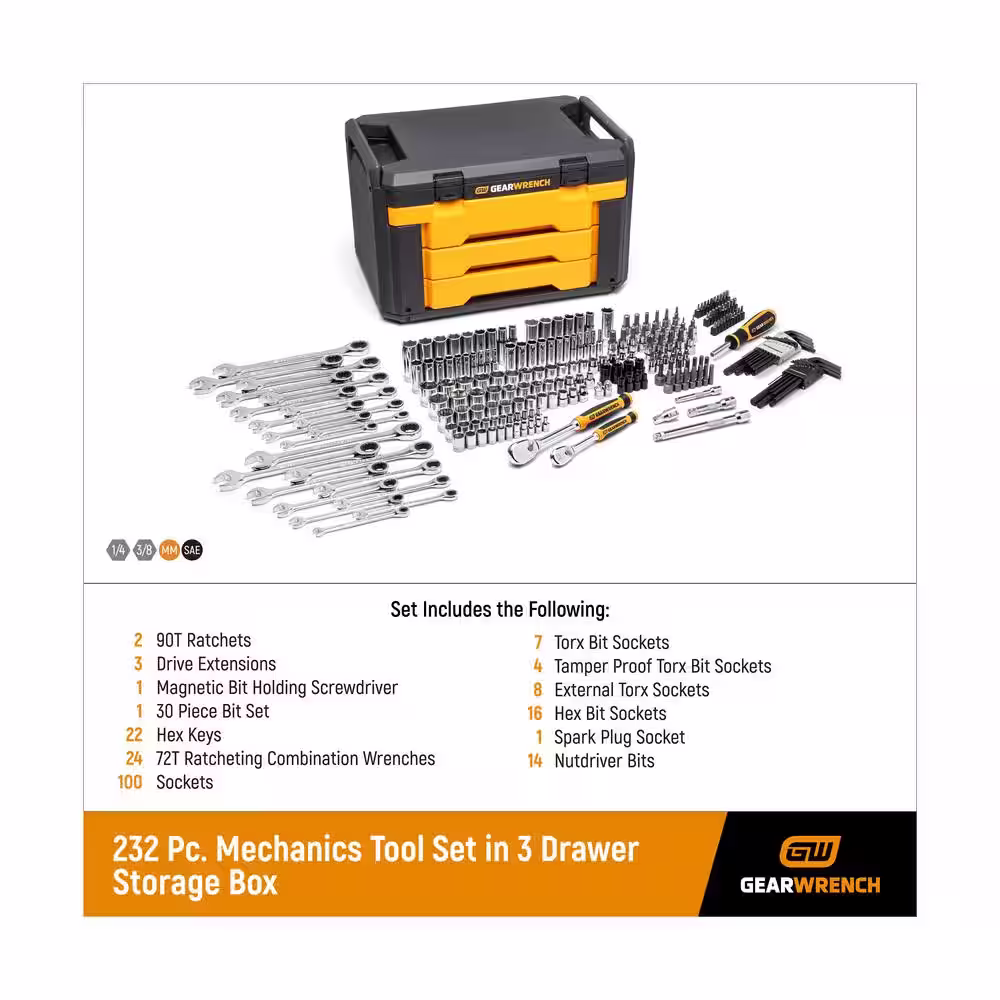 GEARWRENCH 1/4 in. and 3/8 in. Drive 90-Tooth Standard and Deep SAE/Metric Mechanics Tool Set in 3-Drawer Storage Box (232-Piece)