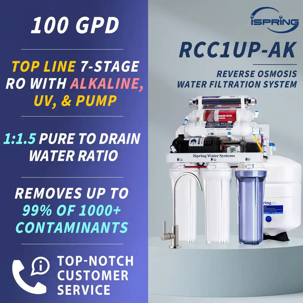 ISPRING 7-Stage 100 GPD Under-Sink Reverse Osmosis Drinking Water Filtration System with Booster Pump, Alkaline Filter and UV