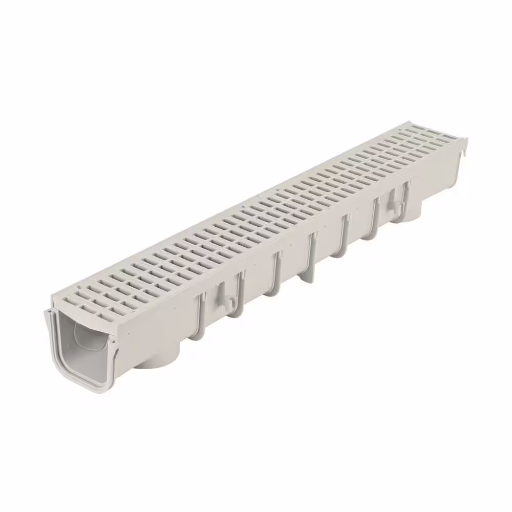 NDS 5 in. pro series channel drain Kit 5-1/2 in. x 39-3/8 in. Deep Channel, Gray Grates, End Caps/Outlet (6-Pack=19.7 ft.)