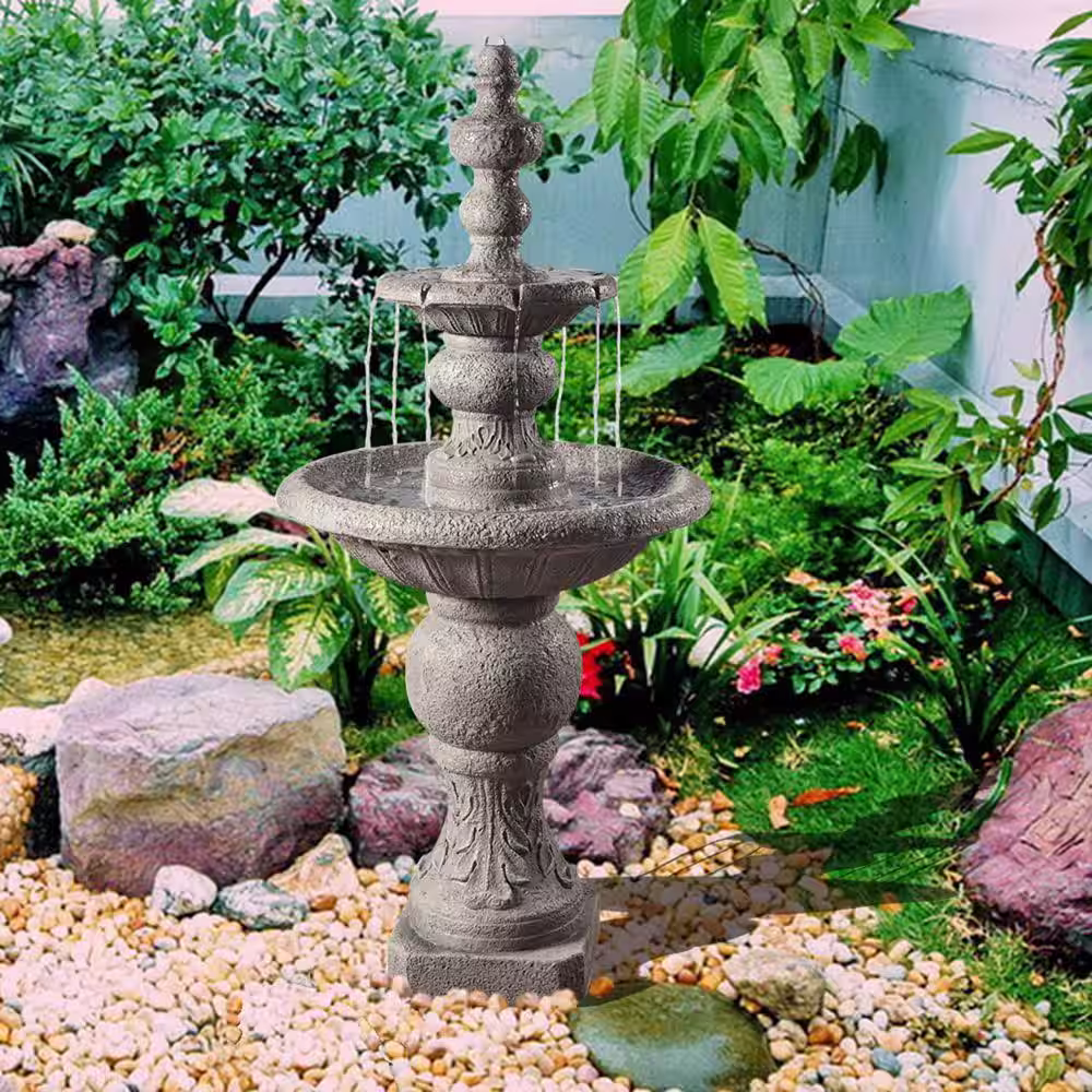 None 52 in. Tall Outdoor 2-Tier Waterfall Fountain in Gray Icy Stone