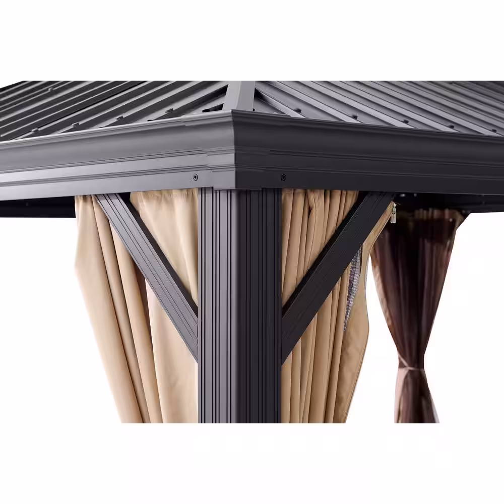 Barton 10 ft. x 14 ft. Outdoor Backyard Hardtop Galvanized Steel Roof Patio 2-Panel Curtains Netting Gazebo with Aluminum Poles