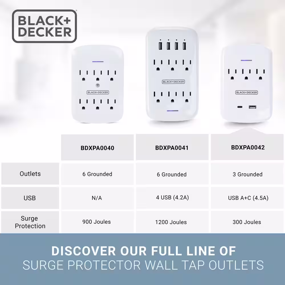 BLACK+DECKER 3 Grounded Outlets Surge Protector Wall Mount with 1 USB Charging Port, 1 USB-C Port