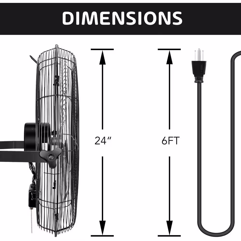 Tidoin 24 in. Black 3-Speed Round High Velocity Air Movement Mounted Wall Fan
