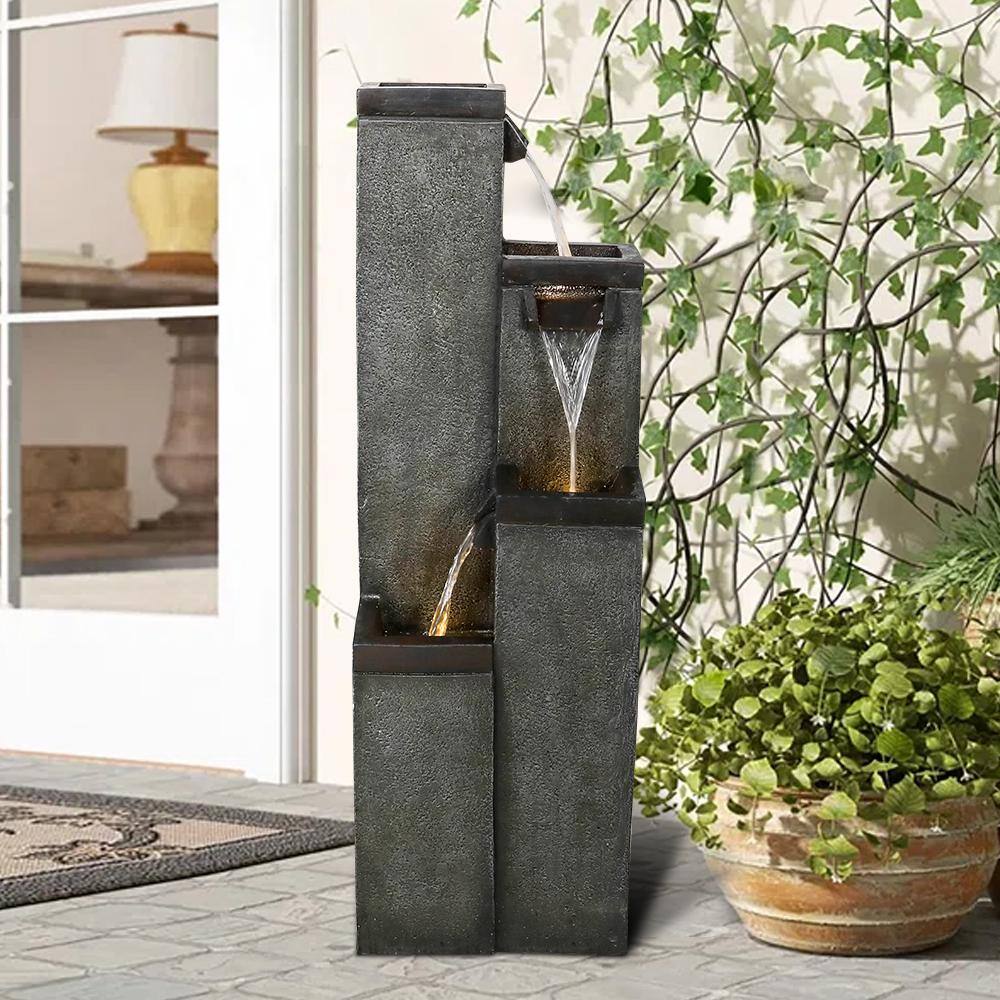 Watnature Resin Relaxing Waterfall Fountains - 39.3 in. Geometric Indoor-Outdoor Fountain 4-Tiered Garden Fountain with LED Lights