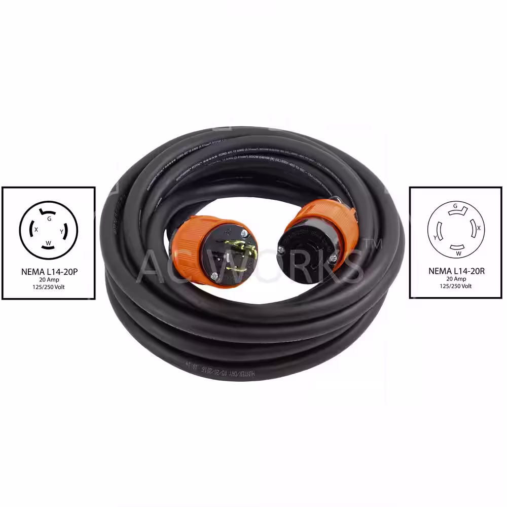 AC WORKS 10 ft. Soow 12/4 Nema L14-20 125-Volt/250-Volt 20 Amp Generator Rubber Extension Cord