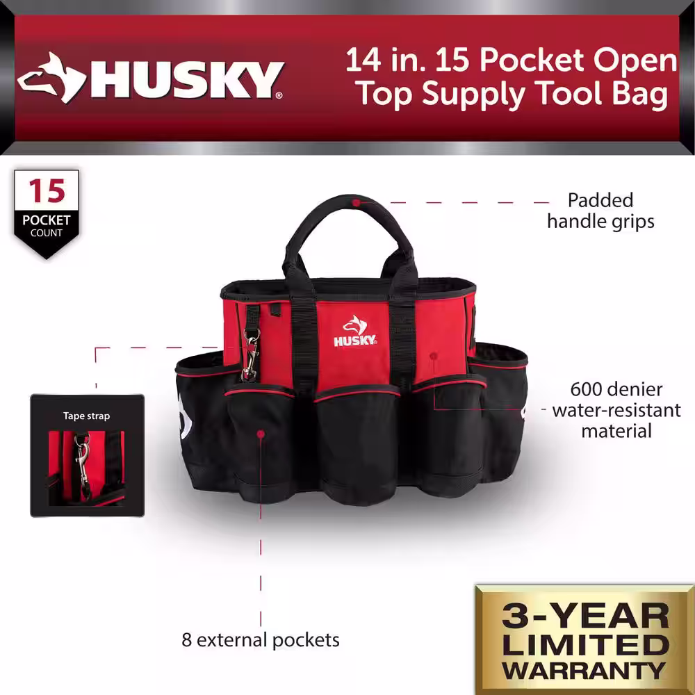 Husky 14 in. 15 Pocket Open Top Supply Tool Bag