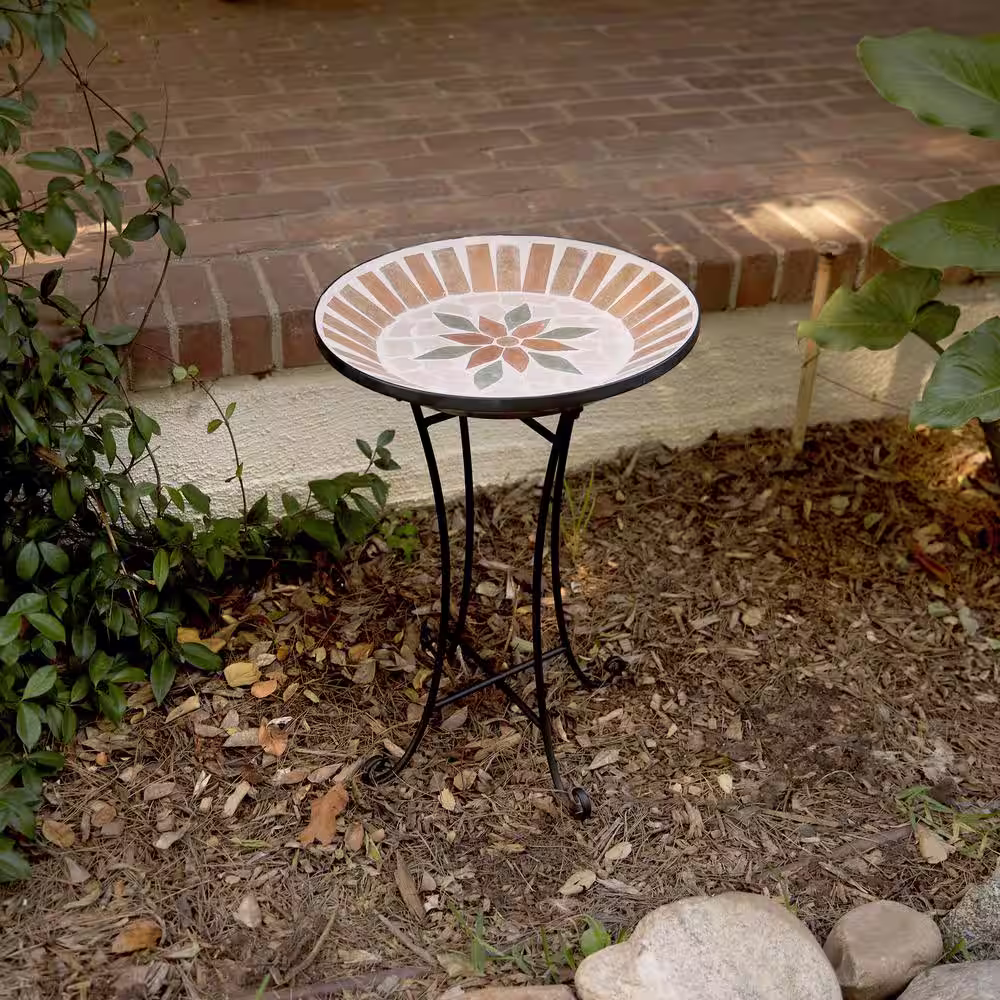 Alpine Corporation 25 in. H Outdoor Decorative Mosaic Birdbath with Metal Stand, Tan/Beige