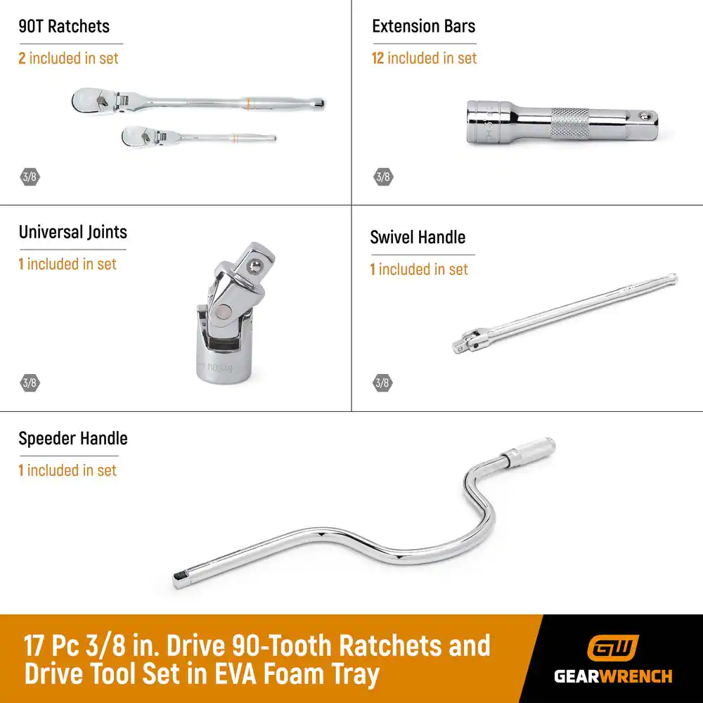GEARWRENCH 3/8 in. Drive 90-Tooth Ratchets and Drive Tool Set in EVA Foam Tray (17-Piece)