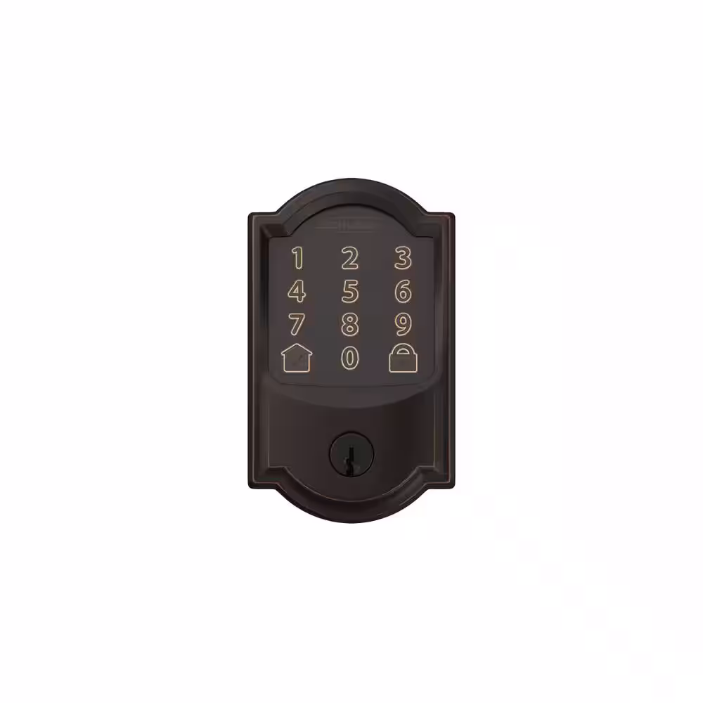 Schlage Camelot Aged Bronze Encode Smart Wi-Fi Deadbolt with Alarm and Camelot Handle Set with Accent Handle with Camelot Trim